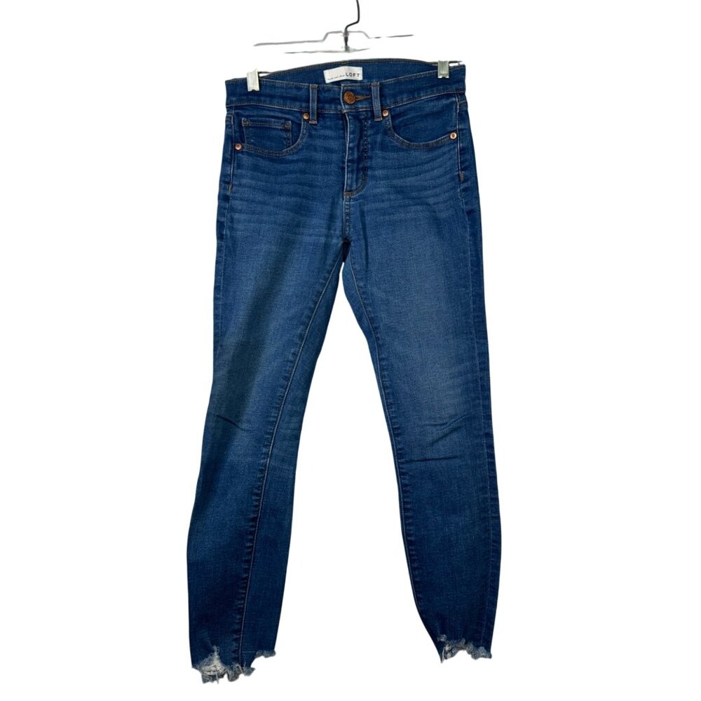 Loft Mid-Rise Frayed Hem Skinny Jeans Size 25 Blue Denim Womens Casual Wear